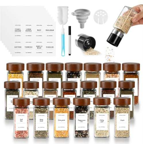Moreau 120ML Pot à Épices avec Moulin à Epices, 20 Pièces Pot à Épices en Verre et Bois, Bocal Epices avec 2 Moulin à Epices, Tamis, Étiquettes, Brosser, Entonnoir Pour Rangement Épices Cuisine