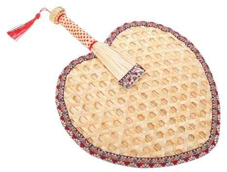 VALICLUD Handheld Wheat Straw Fan Handmade Woven Paddle Fan Red Cloth Edge Suitable for Summer Travel and Baby Use