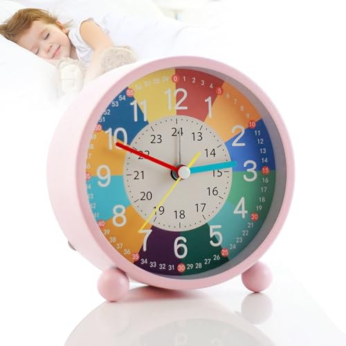 yivom Reveil Enfant Educatif Jour/Nuit, 11,5 Cm, sans Tic-Tac, Horloge Enfants pour Filles, RéVeil d'apprentissage Silencieux avec Veilleuse, à Piles (sans Batterie) - Rose