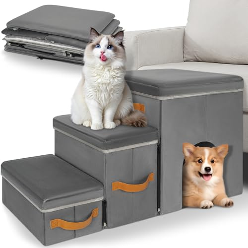 Haustiertreppe 3 Stufen klappbar mit Hundehütte Hundetreppe | 3 Stufen für leichteren Aufstieg、integrierte Hundehütte、platzsparend zusammenklappbar für kleine Haustiere