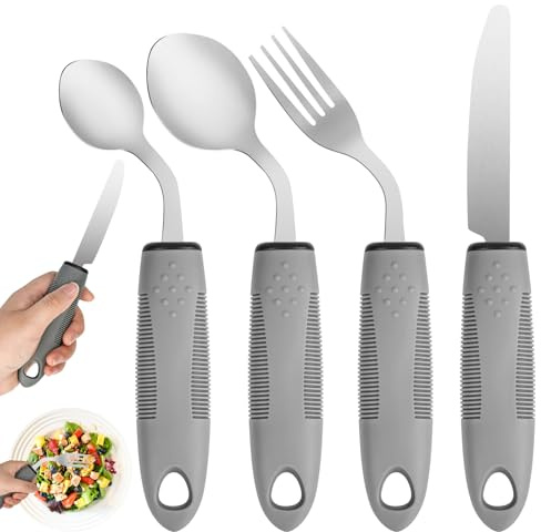 Pyserne Adaptives Besteckset, 4 Teiliges Griffverdickung Besteck 42° Gewinkelt Ergonomisches Gewichtetes Besteck für Handzittern-Rechtshänder Ältere Schwache Handgriffe Parkinson