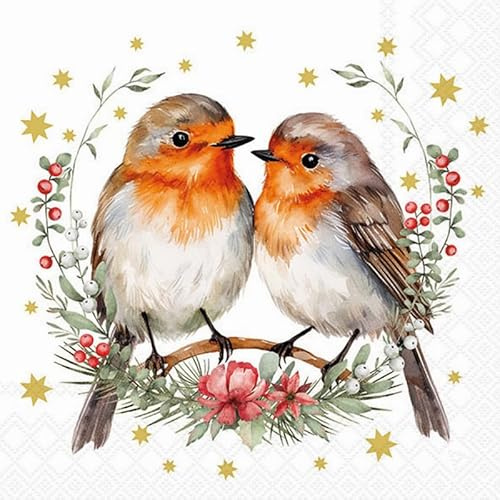 20 Servietten Weihnachten Rotkehlchen im Winterkranz als Tischdeko. Papierservietten mit Motiv. Auch für Decoupage und Serviettentechnik 33x33cm