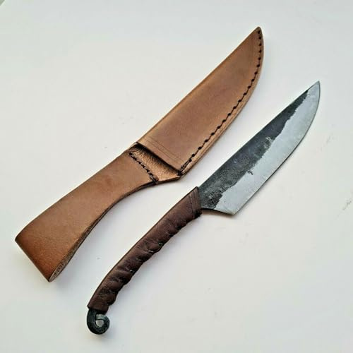 CRAFTOMATIK Cuchillo medieval | Cuchillo vikingo hecho a mano | Cuchillo celta para jardín y camping con funda de piel | LARP | HFK24