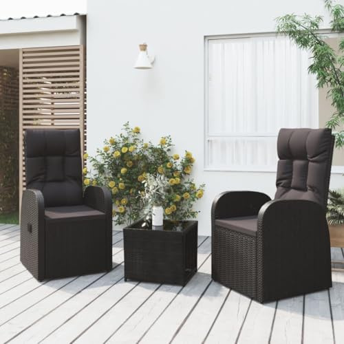 QJBSAVVA 3-TLG. Garten-Lounge-Set Schwarz Poly-Rattan 57x69x106 cm klappbarer Liegestuhl mit 4 cm Sitzkissen, Hartglas-Tisch 45x45x40 cm, platzsparend für Balkon, Garten & Terrasse