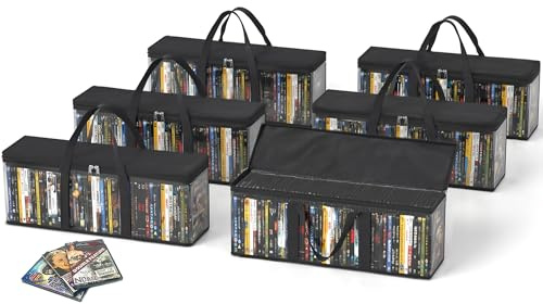 DVD Storage Bags, DVD Storage Boxes with Carrying Handles, Media Organizer Bags for DVDs, CDs, Blu Ray Discs, Movie Cases, VHS Boxes, Video Game Disks, Albums, Books (Black, 6Pack)