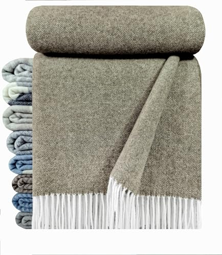 STTS International Kaschmir Decke Wolldecke Wohndecke 100% Wolle - Kaschmir - Mix 140 x 200 cm sehr weiches Plaid Kuscheldecke Faro (Olive-Khaki)