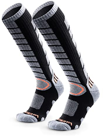 WEIERYA Calze Sci Uomo in Lana Merino - Calze da Sci per Uomo e Donna,Termiche, Antiscivolo, Ideali per Sci, Snowboard e Inverno,2 Paia,Nero,37-40