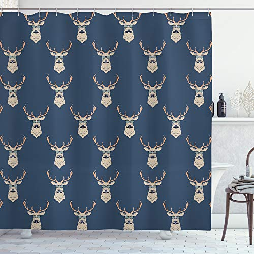 ABAKUHAUS Hirsch Duschvorhang, Retro Hipster Tiere, Stoffliches Gewebe Badezimmerdekorationsset mit Haken, 175 x 180 cm, Blaugrau Tan