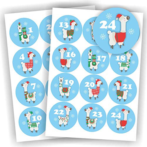 Play-Too 24 Aufkleber Adventskalender Zahlen Aufkleber Sticker Etikett Fest Weihnachten Lama blau