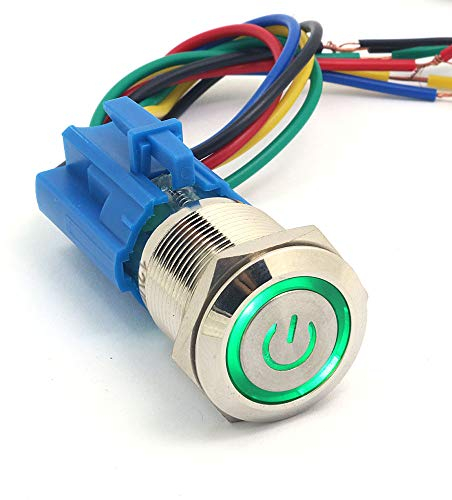 DollaTek 19mm 12V Interruptor momentáneo Botón pulsador Interruptor Símbolo de energía Ojo de ángel LED Luz Botón pulsador de metal con cable de conexión - Verde
