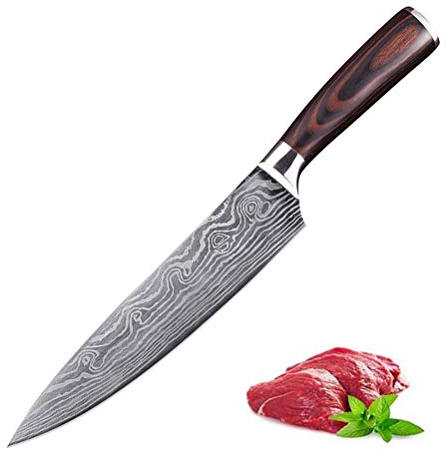 Schimer - Coltello damasco da cucina professionale da 8 pollici, multiuso, lama damascata in acciaio al carbonio di alta qualità, coltello da cucina damascato con manici in legno