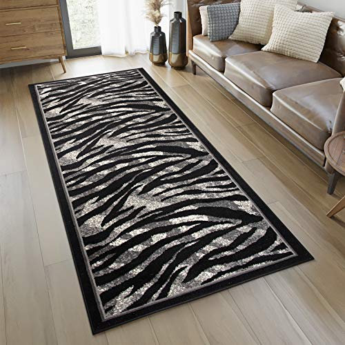 TAPISO Dream Läufer Flur Teppich Kurzflor Modern Brücke Grau Schwarz Creme Meliert Streifen Linien Zebra Tiger Tierfell Muster ÖKOTEX 120 x 400 cm