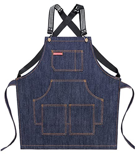 Watwass Jeans Schürze Herren Kochen Grillen mit Tasche Baumwolle Kittel-schürze Damen Restaurant Café Bäckerei