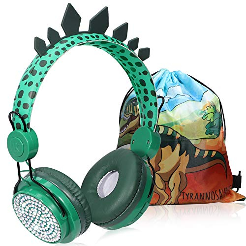 JYPS Auriculares para Niños Auriculares Inalámbricos Bluetooth con micrófono en la Oreja Auriculares de Dinosaurio para Niñas, Auriculares Ajustables de Volumen Limitado con Bolsa de Dinosaurio