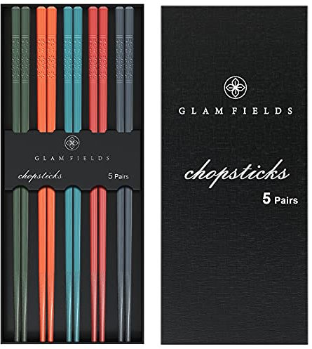 5 Pairs Reusable Chopsticks, GLAMFIELDS Fiberglass Chop sticks Dishwasher Safe, Non-slip, 9 1/2 inches - Gift Set Multi Colors