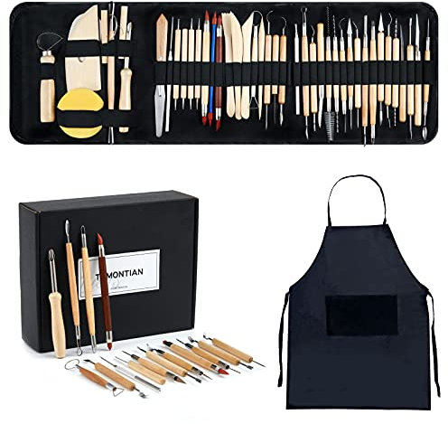 TEMONTIAN Keramik-Ton-Modellierwerkzeuge, doppelseitige Polymer-Ton-Werkzeuge, Modelliermasse, 43-teiliges doppelseitiges Keramik-Ton-Schnitzwerkzeug-Set mit Tragetasche für Anfänger (schwarz)