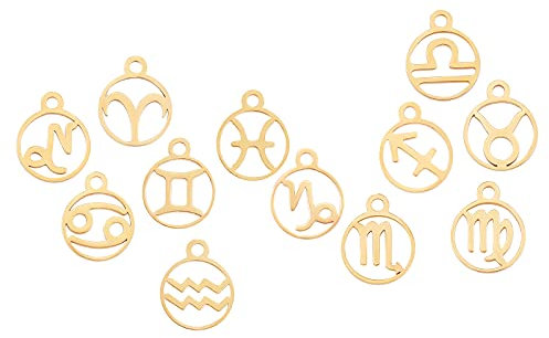 SUNNYCLUE 1 Box 12 Stück Edelstahl 12 Konstellationen Sternzeichen Anhänger Charms Astrologie Horoskop Charm Perlen Flach Rund Schmuckzubehör Für Frauen DIY Schmuck Basteln