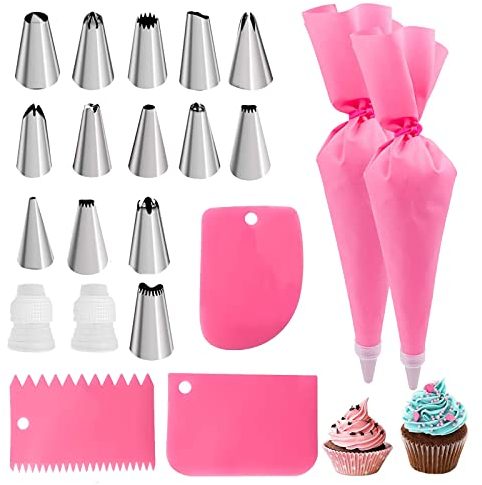 TAKUZA Spritzbeutel mit Tüllen 21 Stück, Spritzbeutel Wiederverwendbar, Torten Zubehör Mit spritztülle Edelstahl, Spritzbeutel silikon, Adapter, Kuchenschaber, Für Cupcakes, Torten Dekoration(Rosa)