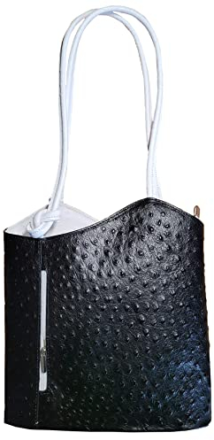 Freyday 2 in 1 Handtasche-Rucksack Henkeltasche aus Echtleder in versch. Designs HR03 (Strauß Schwarz-Weiß)
