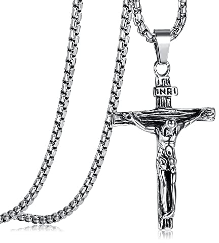 JeweBella Kreuz Halskette Herren Edelstahl Jesus Kruzifix Anhänger Halskette mit venezianischer Kette 61 cm Silber/Gold/Schwarz Religiöser Schmuck Geschenk