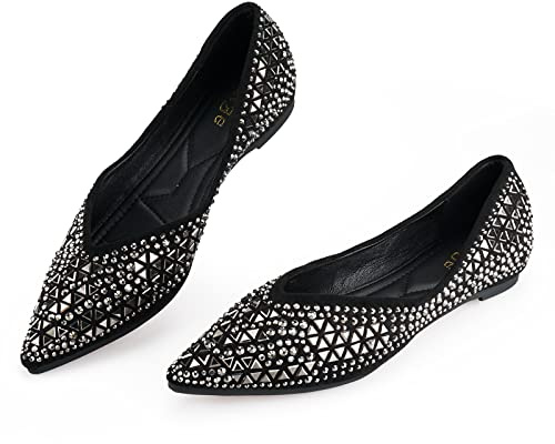 Flats Shoes Women Rhinestone Pointed Head Ballet Flats Comfortable Soft Memory Foam Insole Flat Shoes for Women Comfortable Dress Shoes Black Size 9.5