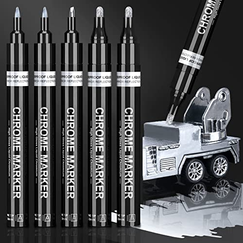 KERIFI Silber Metallic Stifte Flüssige Chrom Spiegelmarker, Ölbasiertes Permanent Marker Set, Reflektierender Glanz Metallischer Spiegelmarker, Lackstift für Modell Metall Kunststoff DIY Basteln