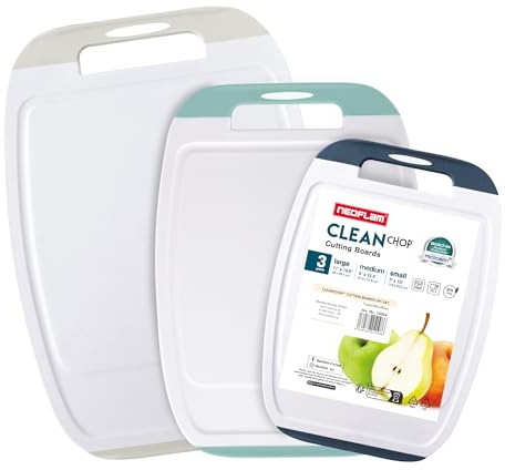 NEOFLAM® – Antibakterielles Schneidebrett Kunststoff rutschfest - 3er Set Schneidbretter Microban® Spülmaschinenfest - mehrfarbige Brettchen mit Saftrille und Griff