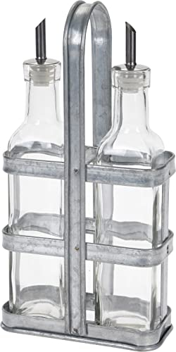 MIJOMA Menage-Set 3-tlg. – Essig & Öl Spender aus Glas im Metallständer, 2x 250 ml, mit Ausgießer, spülmaschinenfest, Industrial Style, robust, Gastroqualität