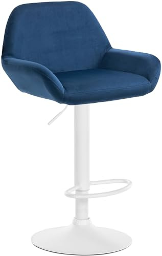 CLP Barhocker Braga Samtbezug mit Metallgestell I Höhenverstellbar und 360 drehbar I Moderner Barstuhl mit Fußstütze für Küche und Bar | Farbe blau Gestell Farbe weiß
