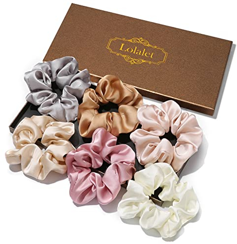 (6 Stück) Lolalet Haargummis Seide Scrunchies Satin für Damen, Haargummi Weich Elastisch Silk Skrunschis Groß für Damen Frauen Mädchen 6 Farben -Hellgrau Hellpink Rosa Beige Orange Weiß