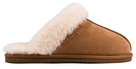 Hofbrucker warmer Lammfell Hausschuh für Frauen mit fester Sohle Obermaterial 100% Lammfell in chestnut braun, Größe 39