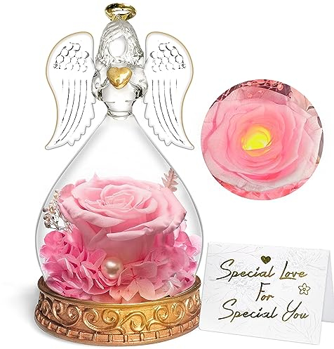 Ewige Rose Geschenke, Ewige Rose in Engel Glaskuppel, Konservierte Blumen Handgemachte Ewige Rose für Frauen Freundin Mutter zu Valentinstag Weihnachten Geburtstag (Rosa), 1 stück