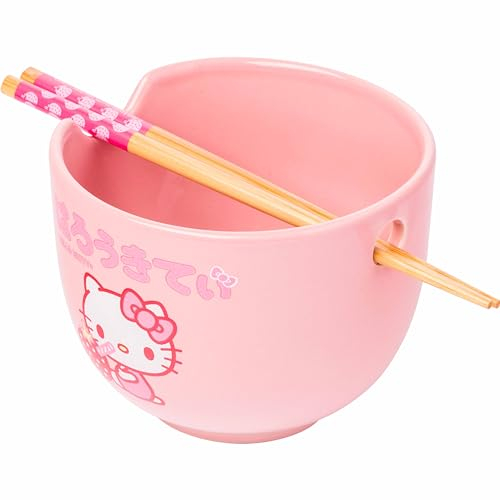 Silver Buffalo Hello Kitty Strawberry Milk Ceramic Ramen Bowl with Chopsticks, 20 Ounces