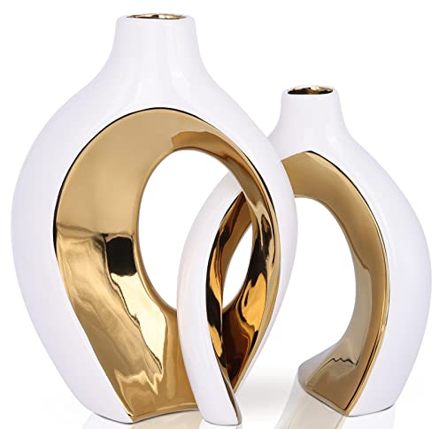 keramische Vase Dekor 2pcs Set, moderne böhmische Dekoration, Weiß und Gold skandinavischen minimalistischen Stil Raumdekoration, geeignet für Tisch Centerpiece, Bücherregal, Home Decor(W+G)