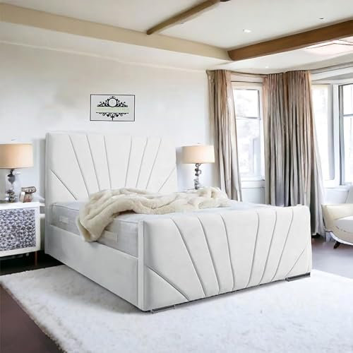 Living Comfort Bedz - Sunrise Bed - Plush Velvet Headboard & Footboard - Gas Lift & Solid Black Board Base Option - Comfortable & Luxury Bed (White, 4ft Small Double Gas Lift)