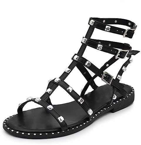 IF Fashion Schuhe Flip-Flops Gladiator Sommerstiefel Damen mit Nieten aus Kunstleder S060136, 701 Schwarz Schnallen, 40 EU