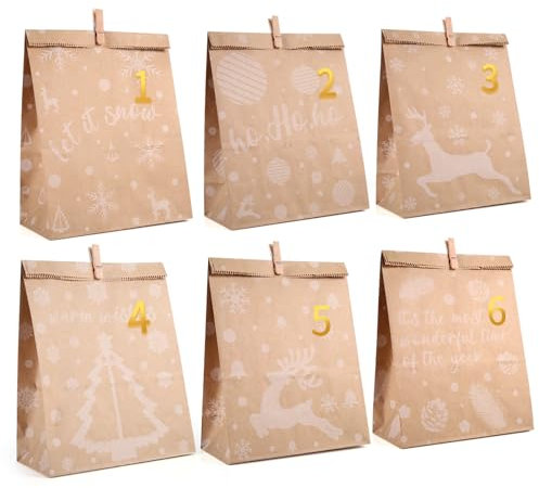 ihaspoko Adventskalender zum Befüllen, 24 Stück 6 Stile Weihnachtsdruck Geschenktüten mit Zahlenaufklebern und Clips, DIY Adventskalender Geschenktüten zum Befüllen und Basteln