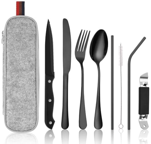 HOTUT Couverts de Camping, 9 Pièces Portables Ensemble de Couverts en Acier Inoxydable avec étui Portable, Passe au Lave-Vaisselle, Couteau/Fourchette/Cuillère/Baguettes pour Voyage Camping Bureau