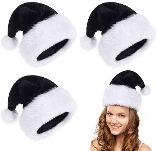 POPOYU 3 Stück Weihnachtsmütze Nikolausmütze Erwachsene,Weihnachtsmann Kostüm Nikolausmütze,Schwarz Mütze Dicker Plüsch Fellrand aus Plüsch Nikolaus,Weihnachtsmann Mütze für Herren/Damen