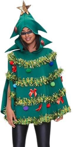 Christmas Tree Cape for Women Poncho Costume Cap Green Bow Ball Decor Hooded Cloak Cape Party Prop for Cosplay Party (A-Green, L)