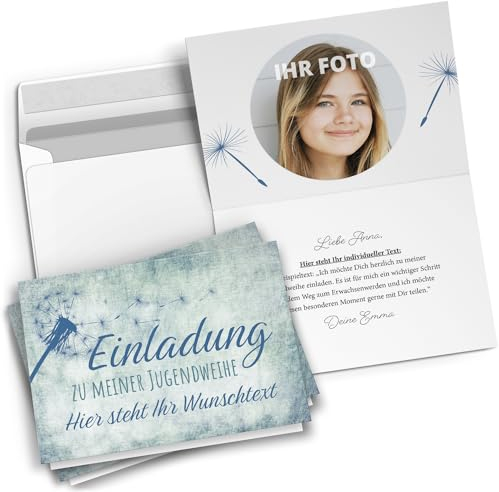 10 personalisierte Jugendweihe Einladungskarten mit eigenem Text und Foto - Pusteblume Blau Mädchen Junge Jungs - Einladungen mit Umschlägen