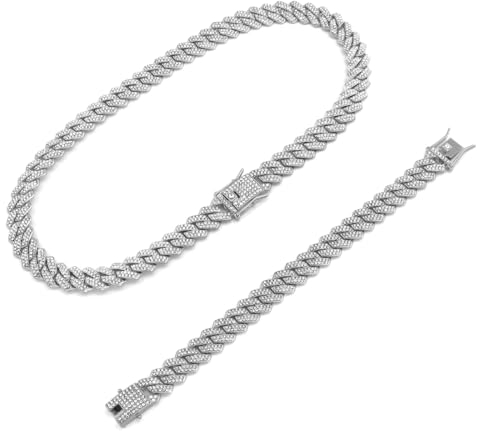 HZAOPZE 2 pcs Cuban Link Chain - Herren Miami Cuban Link Choker Halskette Armband Set Plattiert Diamant Kette Armband Hip Hop Schmuck Labordiamanten Hand Eingelegt,Geschenk für Ihn(12MM)