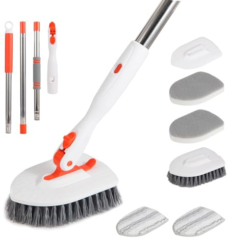 Shower Scrubber Cleaning Brush, 3 in 1 Tub Tile Scrubber Cleaner Mop with 52 inch Long Handle Extendable Stiff Bristles Scrubbing Brush for Cleaning Bathroom Kitchen Bathtub Floor Sink Wall Tile