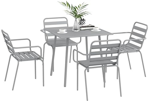 Outsunny 5 TLG. Sitzgruppe, Gartenmöbel-Set mit 1 Esstisch, 4 Stapelstühlen, Sitzgarnitur Gartengarnitur, für Balkon, Terrasse, Stahl, Hellgrau