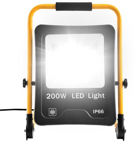 SUBTLETY 200W LED Baustrahler Baustellen Arbeitsstrahler mit 3m Netzkabel & U-Form Stativ Strahler für Arbeitsbeleuchtung IP66 Wasserdicht Fluter Arbeitsleuchte für Innen- & Außenbereich (Kaltweiß)