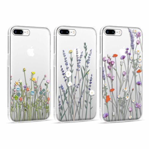 Foonary 3 Stück Transparent Hülle für Apple iPhone 7 Plus 5,5, Handyhülle mit Muster Mädchen Aesthetic Blumen Muster Motiv Design Case, Silikon Schutzhülle Cover für iPhone 7 Plus, Blumen 05