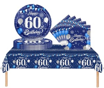 37pcs Navy Silver 60th Birthday Decorations for Women,Men Happy 60th Birthday Tablecloth Paper Plates and Napkins Serviettes for 60th Birthday Table Decorations for Adults,Him,Her 60th Birthday Gifts