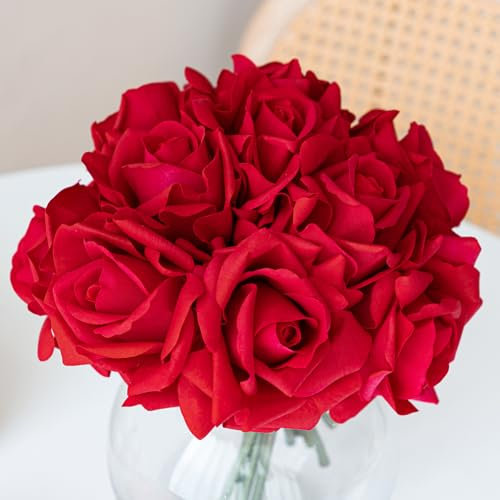 DUYONE Künstliche Rosen, einzelner Stiel, 10 Stück, künstliche Seidenblumen, Blumenstrauß, fühlt sich echt an, für Zuhause, Party, Hochzeit, Dekoration (rot)