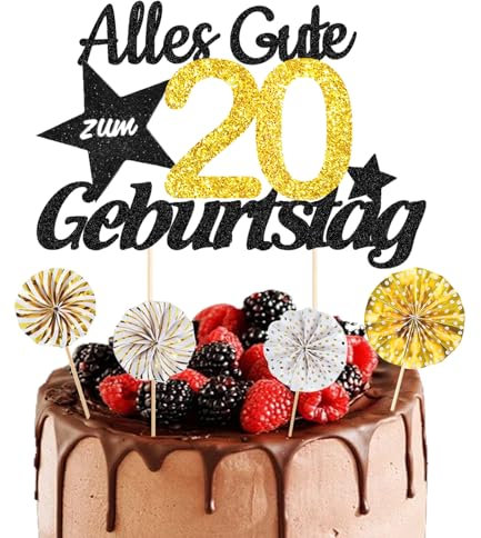 ALEGRE® Tortendeko 20. Geburtstag für Mädchen und Jungen, 5 Stück Torten Deko, Glitzer Kuchendeko, Cake Topper, Party Zubehör für 20 Jahre