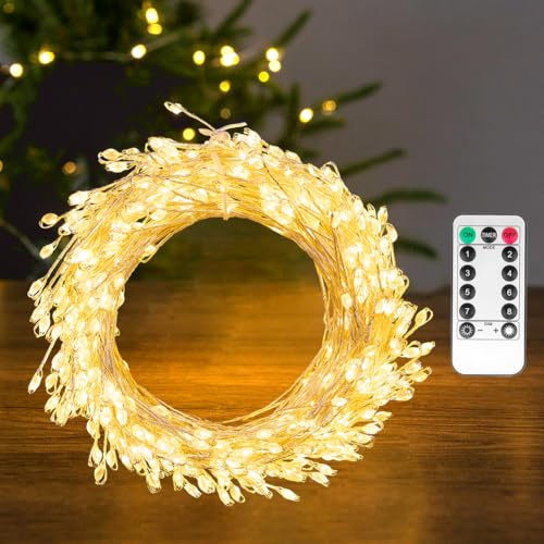 PCORES Lumières de fées branchées, 10m avec 300 LED, guirlandes pyrotechniques étanches et à fil argenté, lumières en grappe pyrotechniques avec minuterie à distance et 8 modes, blanc chaud